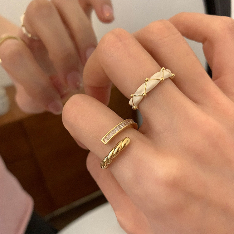 Zircon metal oil-drip open ring set for women with niche design, retro personality, simple and versatile ring