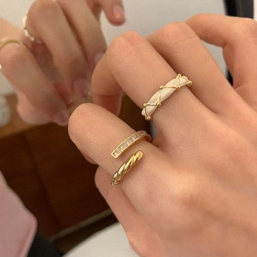 Zircon metal oil-drip open ring set for women with niche design, retro personality, simple and versatile ring