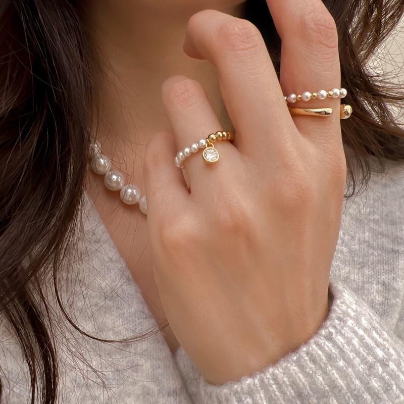 Niche design pearl zircon metal ring set for women Korean retro personality simple and versatile temperament ring