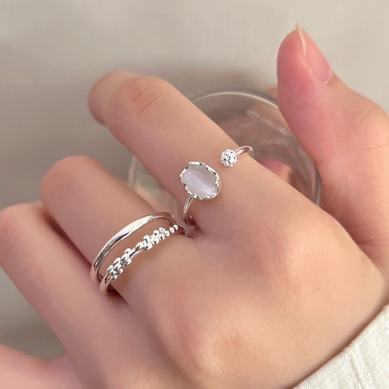 Moonstone simple plain ring high-end ring women's fashion double-layer textured open ring stacked index finger ring