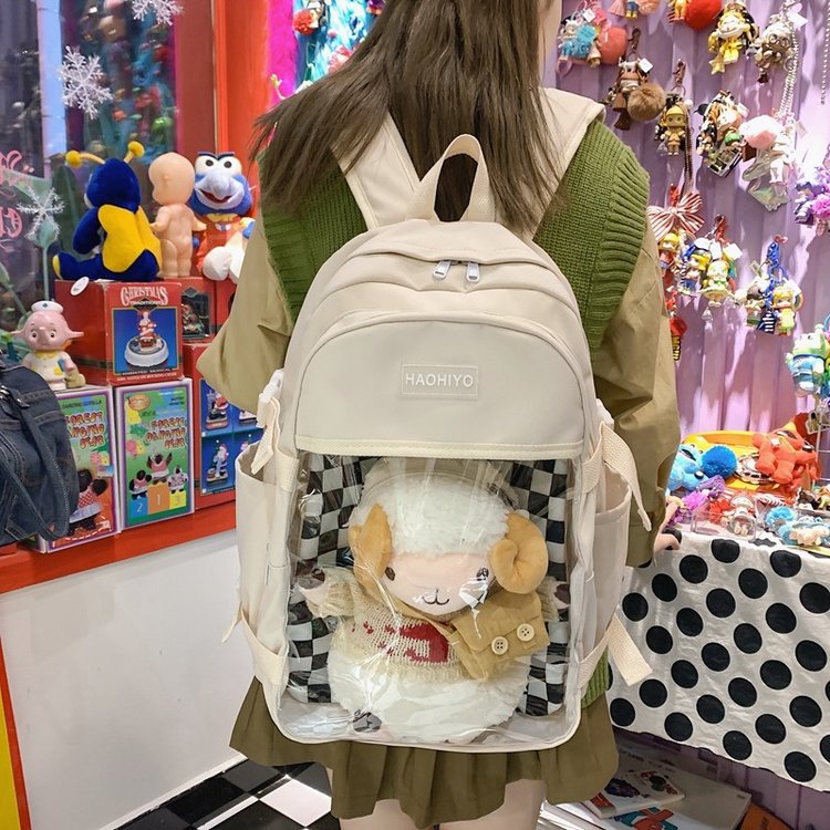 Japanese ulzzang funny personality contrasting plaid transparent soft girl student pain bag backpack cute school bag female