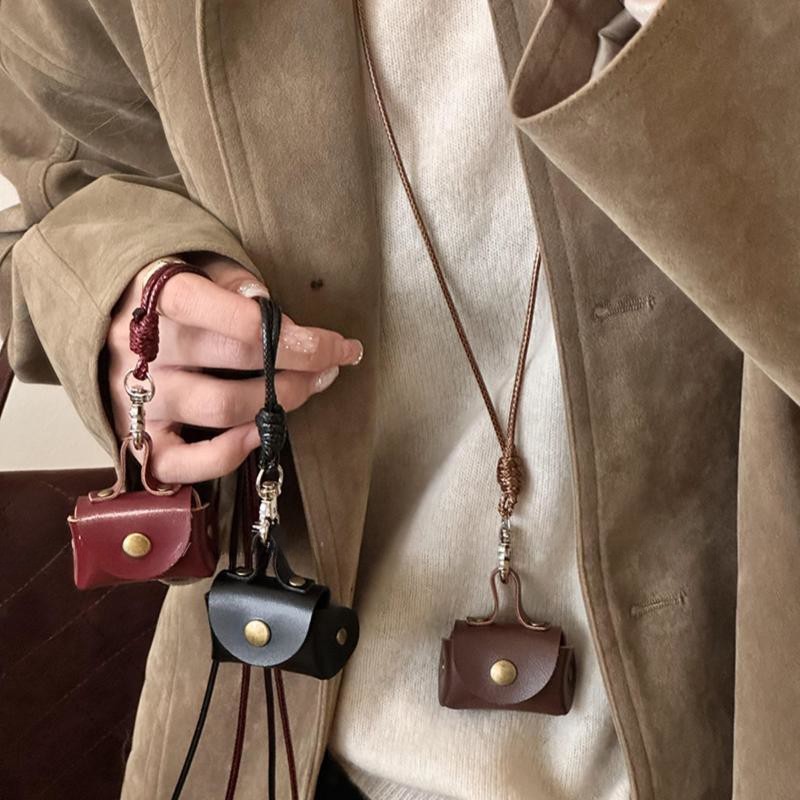 Small and Cute Leather Coin Purse Necklace Women's Pendant Headphone Cover Leather Rope Sweater Chain Long Accessories Storage Bag