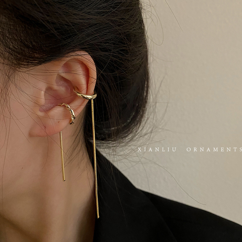 Korean temperament cold style retro ear clip, simple and fashionable ear bone clip without piercing, women's long ear wire earring chain