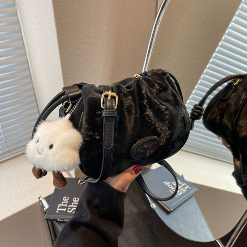 New chain crossbody small bag women's bag 2024 drawstring pleated shoulder bag high-end fashion mobile phone bucket bag