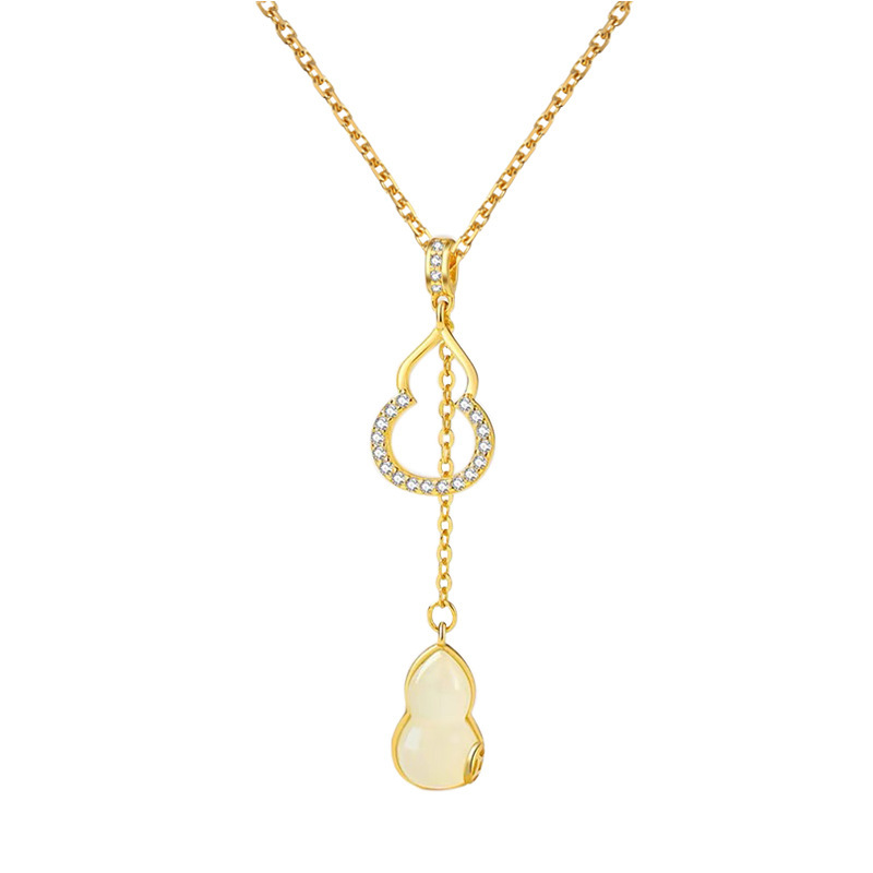 Niche national style high-end Hetian jade gourd necklace s925 sterling silver plated 18K gold light luxury natural white jade pendant