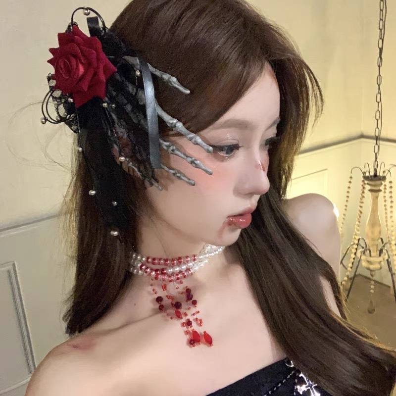 Halloween headdress skull claw hairpin dark gothic red rose flower hair accessories photo props dress up accessories