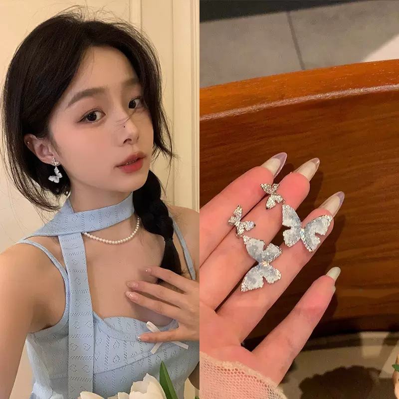 Suitable for summer, crushed ice butterfly earrings for women, high-end earrings, non-pierced ear clips, light luxury, elegant earrings