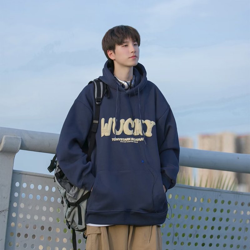 Network picture retro letter print hooded sweatshirt men's high street fashion brand heavy hoodie spring