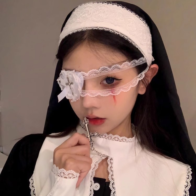 Halloween nun eye mask cos props Lolita headdress lace mask dark style hair accessories atmosphere decoration