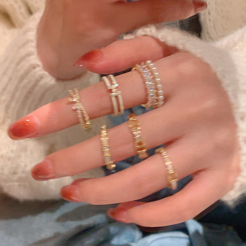 Light luxury double-row pearl zircon open ring collection, unique fashionable temperament and versatile rings for women