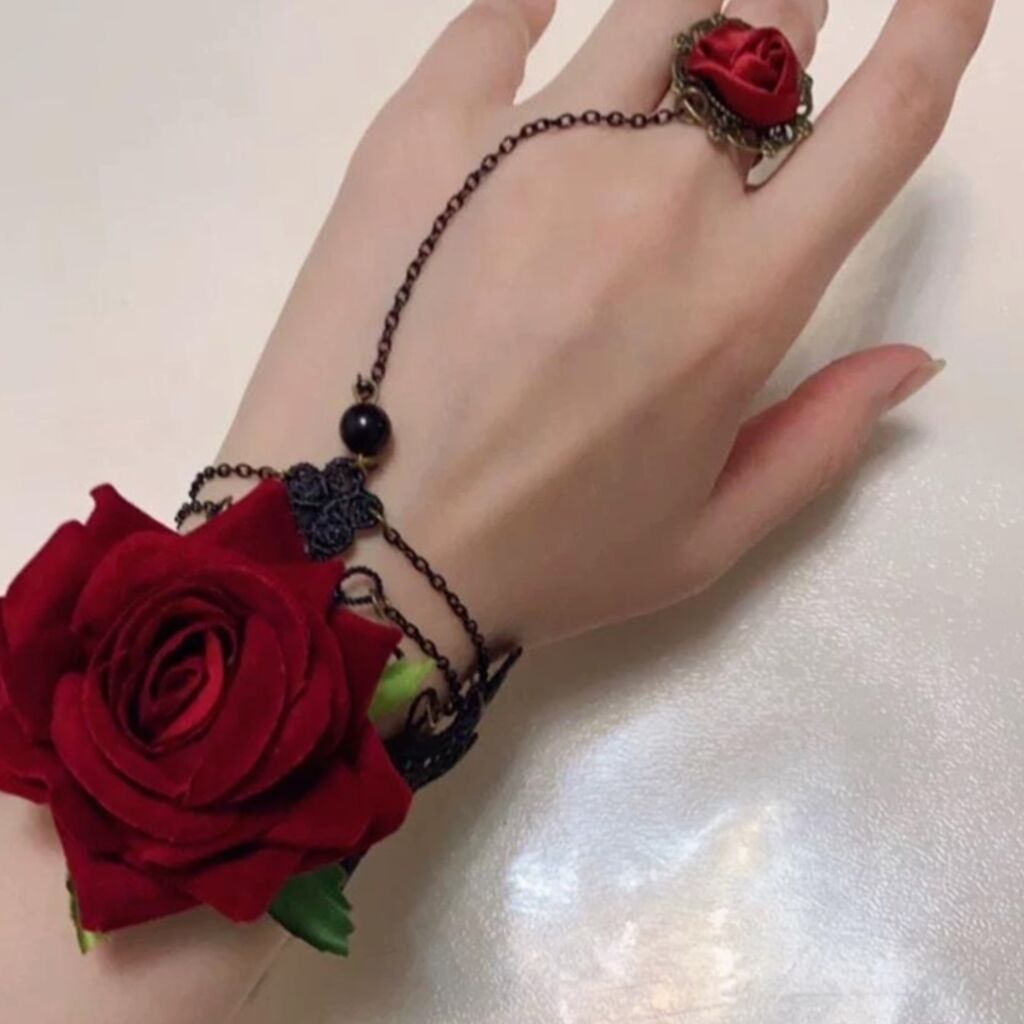 Retro Gothic Punk Hand Jewelry Fashion Wine Red Flower Lace Bracelet Red Rose Ring Integrated Wristband Bracelet