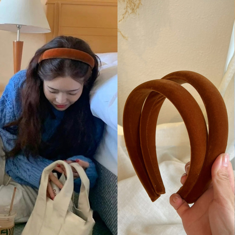 Korean style Maillard velvet whitening ripe pumpkin color headband for autumn and winter, gentle and lazy atmosphere, high headband for going out