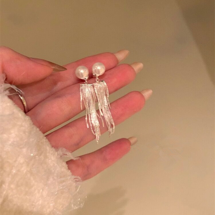 Super fairy pearl chain tassel long earrings for women niche personality simple and versatile temperament earrings silver needle ear jewelry