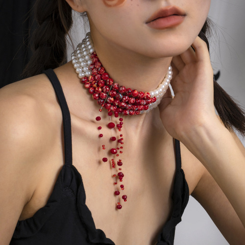 European and American cross-border accessories Gothic style pearl necklace choker creative Halloween blood drop tassel collarbone necklace