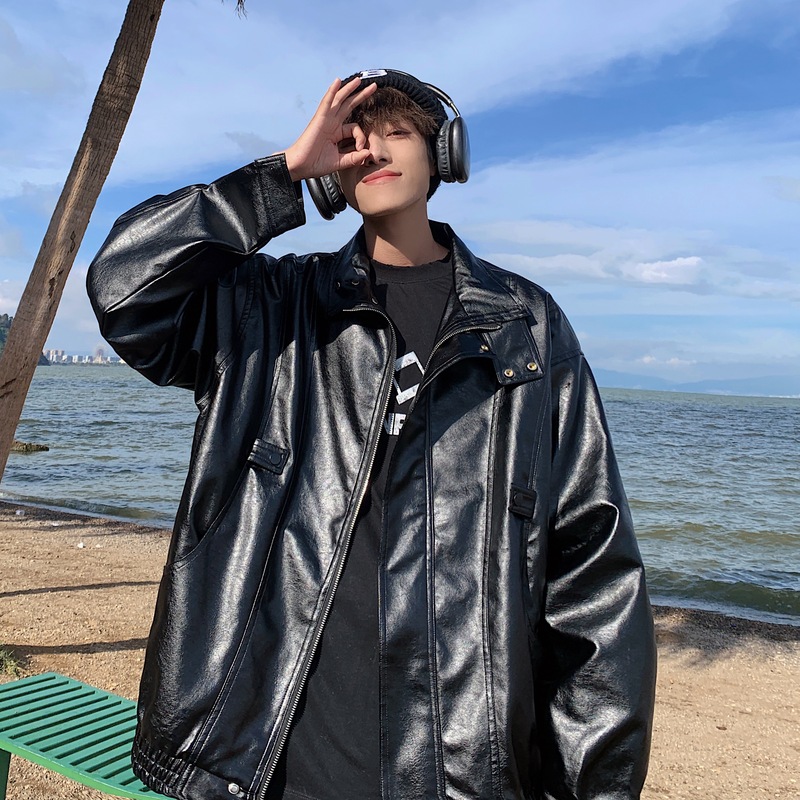 Autumn Hong Kong style large size student jacket loose and trendy motorcycle style couple leather jacket for men