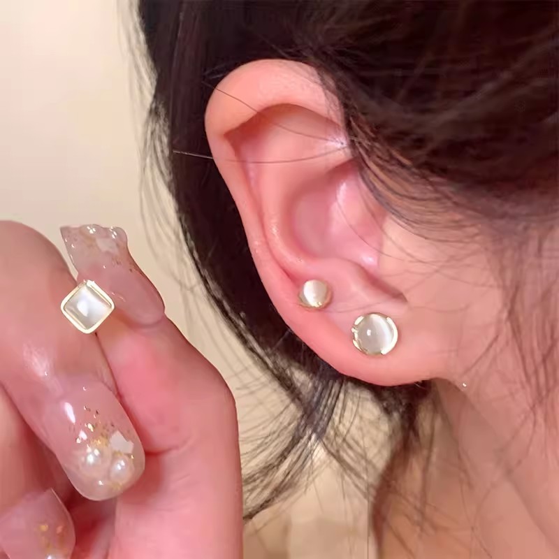 Silver needle ear piercing cat's eye stone earrings six-piece set for sleeping without removing ear bone nails design niche earrings accessories for women