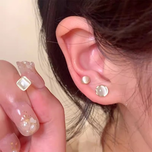 Silver needle ear piercing cat's eye stone earrings six-piece set for sleeping without removing ear bone nails design niche earrings accessories for women
