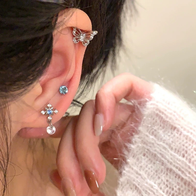 Stacked aesthetic flash zirconium butterfly cross small earrings high-end light luxury niche earrings women's exquisite ear bone nails