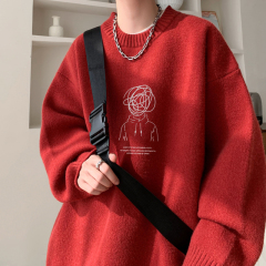 2024 Lazy style retro black sweater for boys autumn and winter new simple round neck sweater American new bottoming shirt