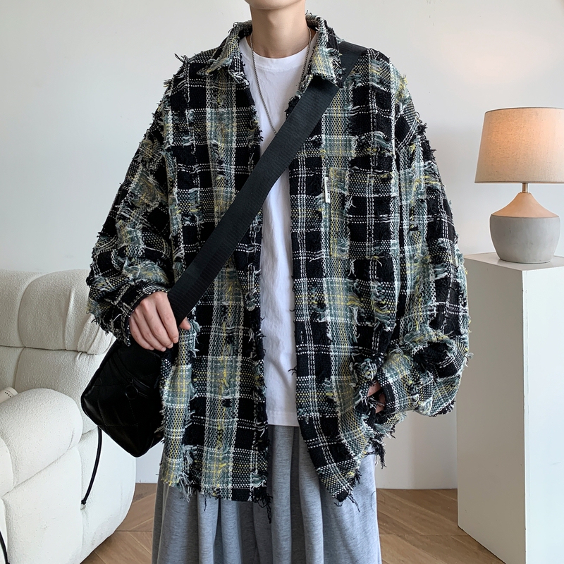 24 winter new style Hong Kong style large size ripped plaid long sleeve shirt shirt jacket