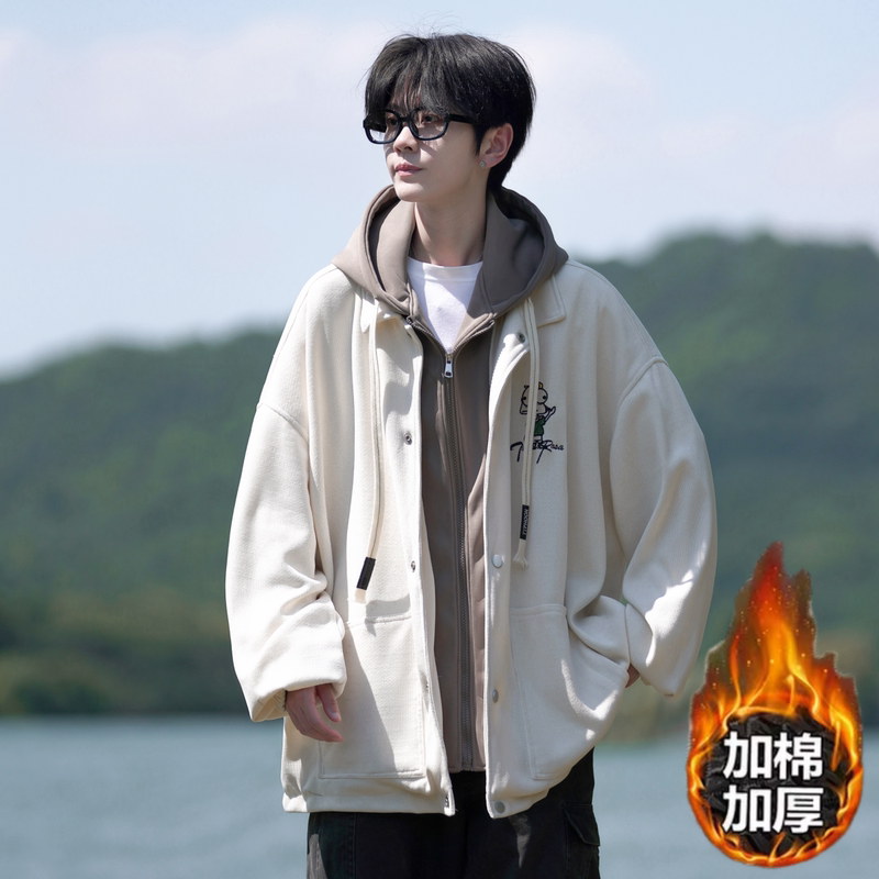 Cotton thickened large size Hong Kong style hooded fake two-piece loose baseball uniform jacket