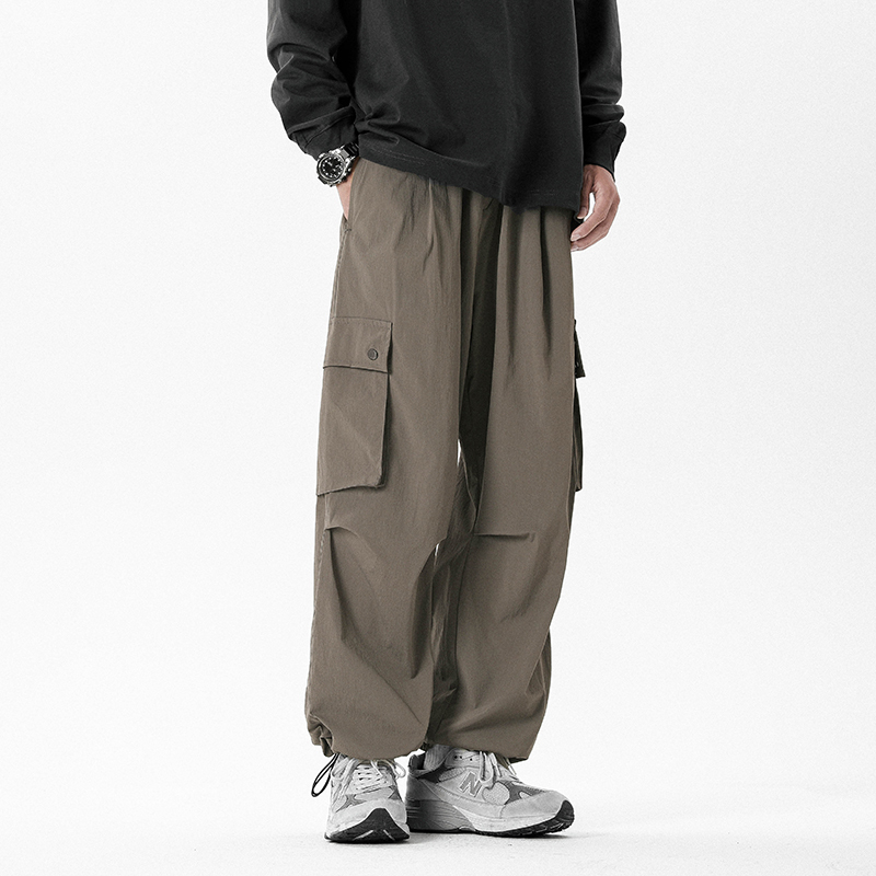 American retro drape mountaineering outdoor workwear large pocket paratrooper pants drawstring ankle casual pants for men
