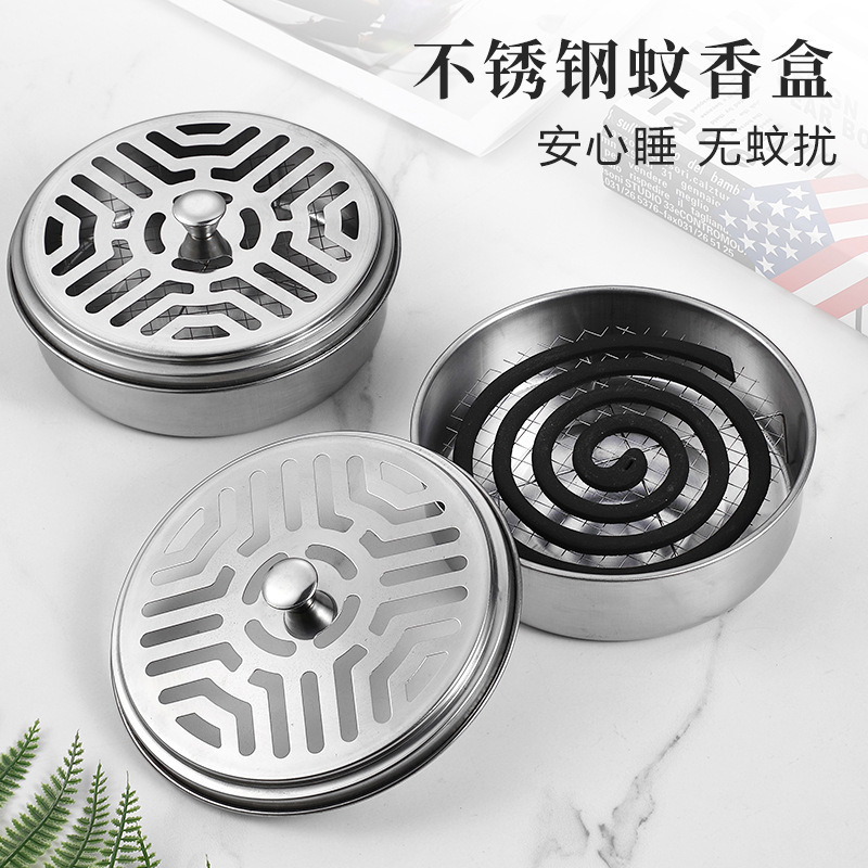 Stainless steel mosquito coil tray creative household fire-proof anti-scald mosquito coil rack sandalwood coil incense burner outdoor mosquito coil box with lid