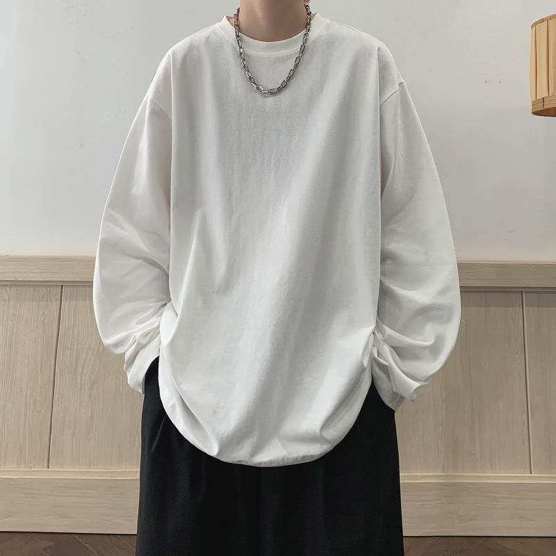 Pure cotton long-sleeved T-shirt spring and autumn men's high-end solid color ribbed half-high collar with bottoming shirt loose top