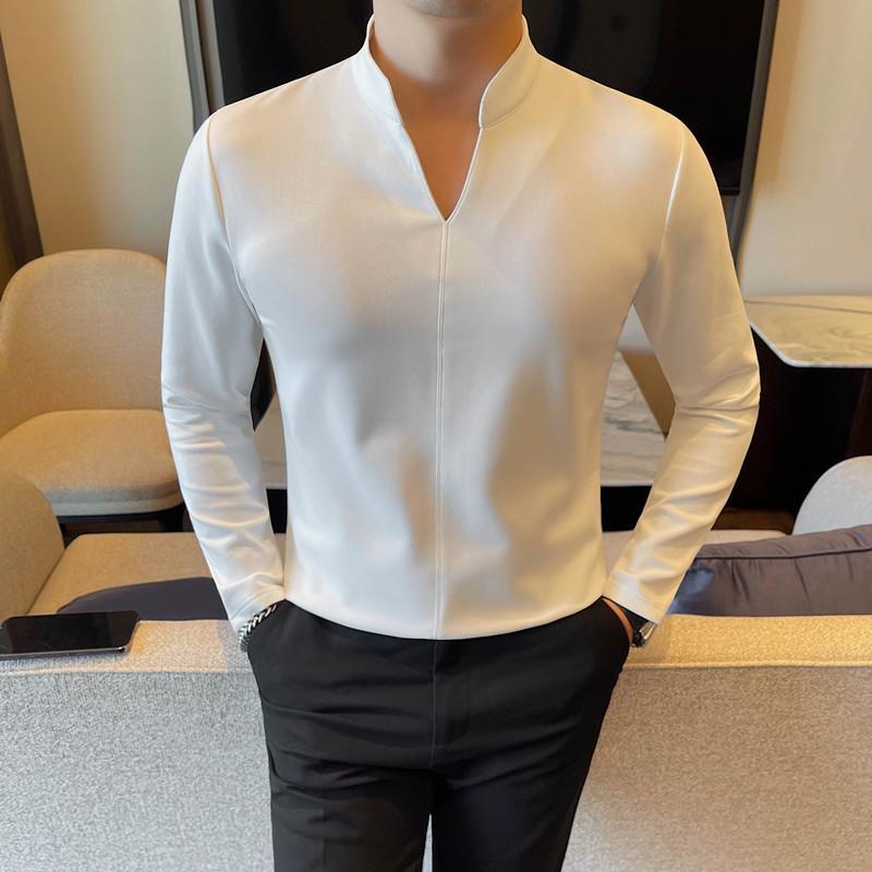V-neck long-sleeved T-shirt men's autumn and winter new stand-up collar solid color bottoming shirt T-shirt