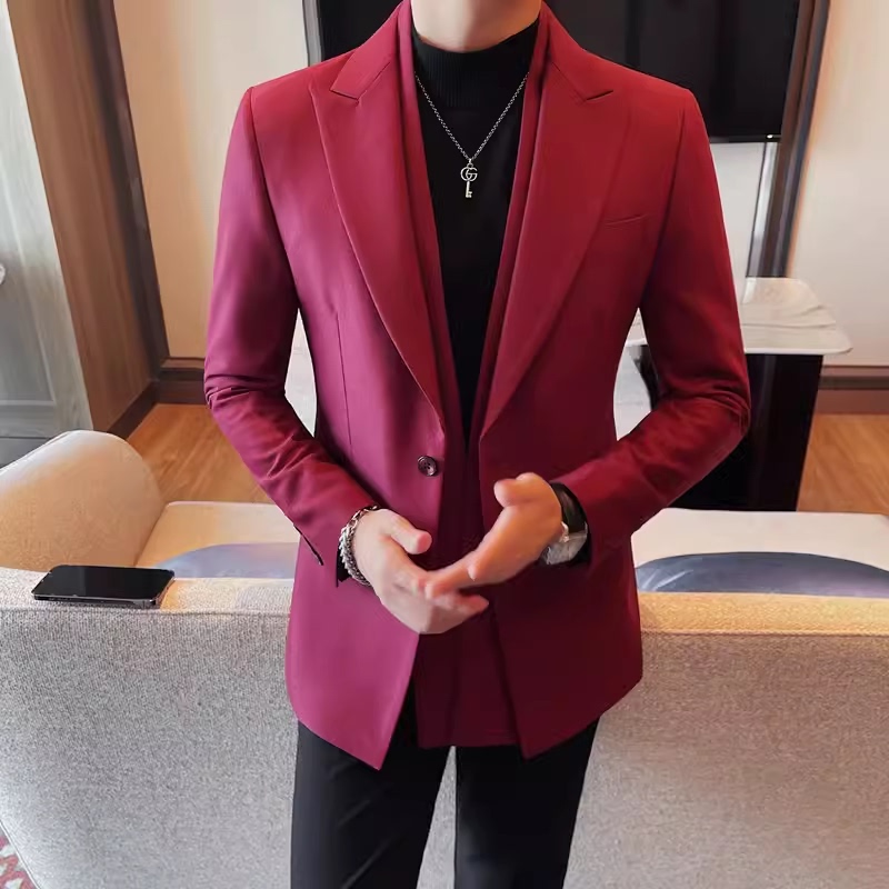 Double-layer collar suit men's new autumn and winter slim solid color business casual wedding dress