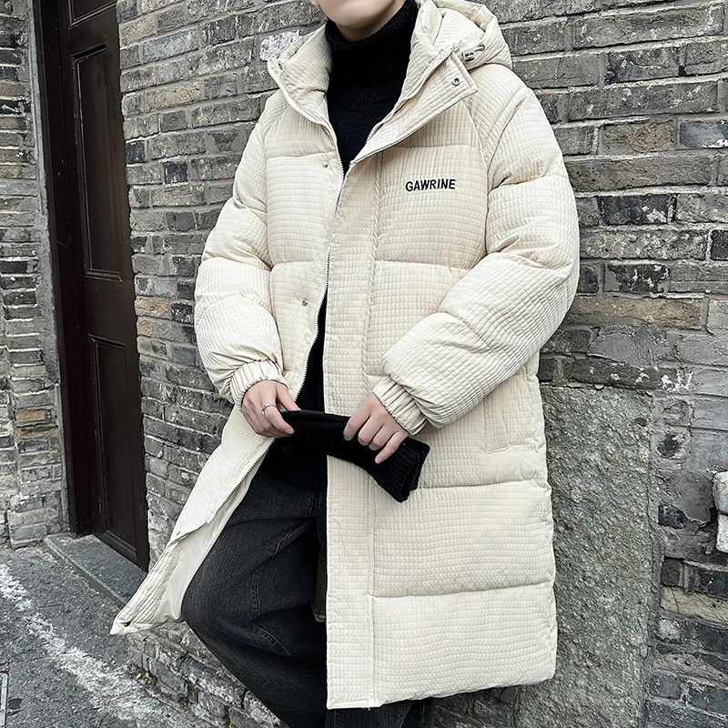 Winter Korean style couple, male and female young students, long winter waffle hooded thickened warm coat and cotton-padded jacket