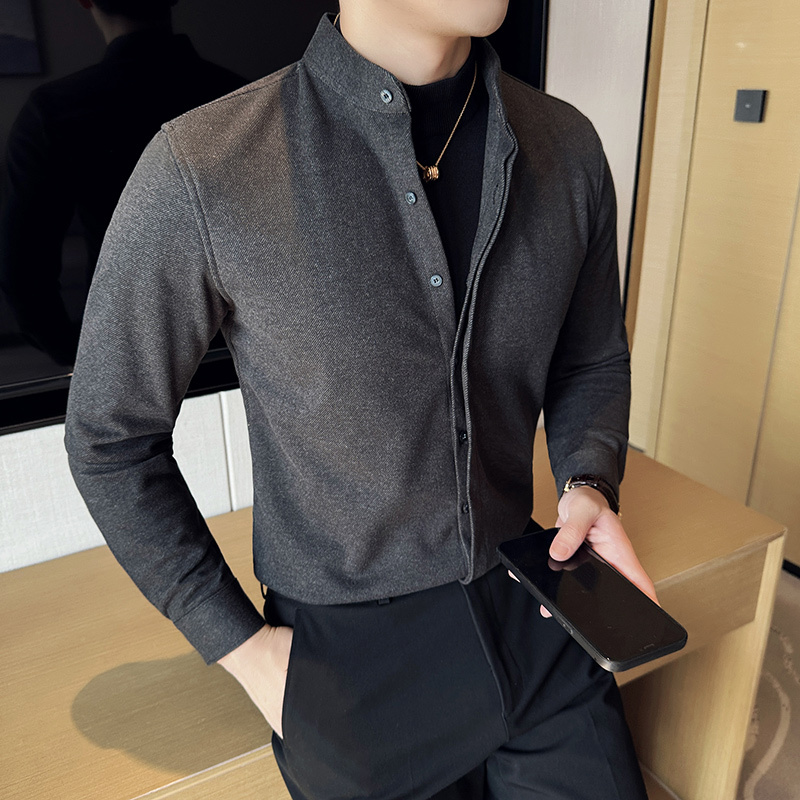 High quality thickened warm woolen stand collar shirt fake two piece shirt sweater trendy dark gray