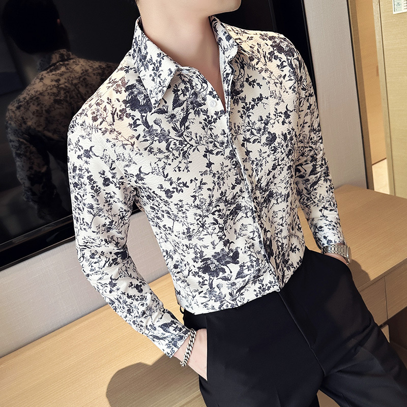 Summer retro 3D three-dimensional printed shirt men's long-sleeved Korean style handsome high-end shirt trend