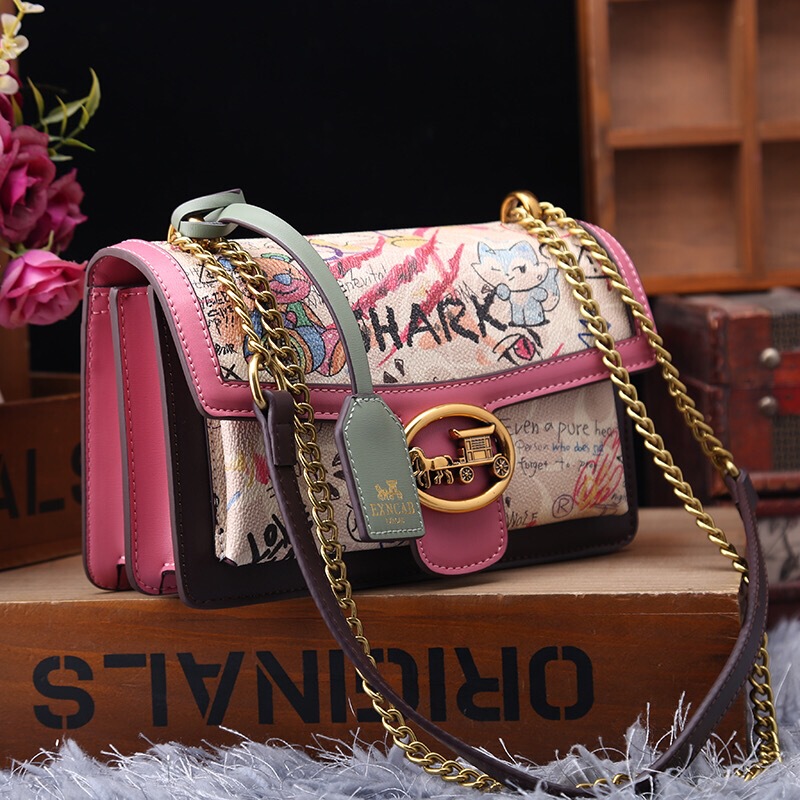 High-end genuine leather bag for women 2024 summer new style graffiti chain small square bag fashionable and versatile single shoulder crossbody bag