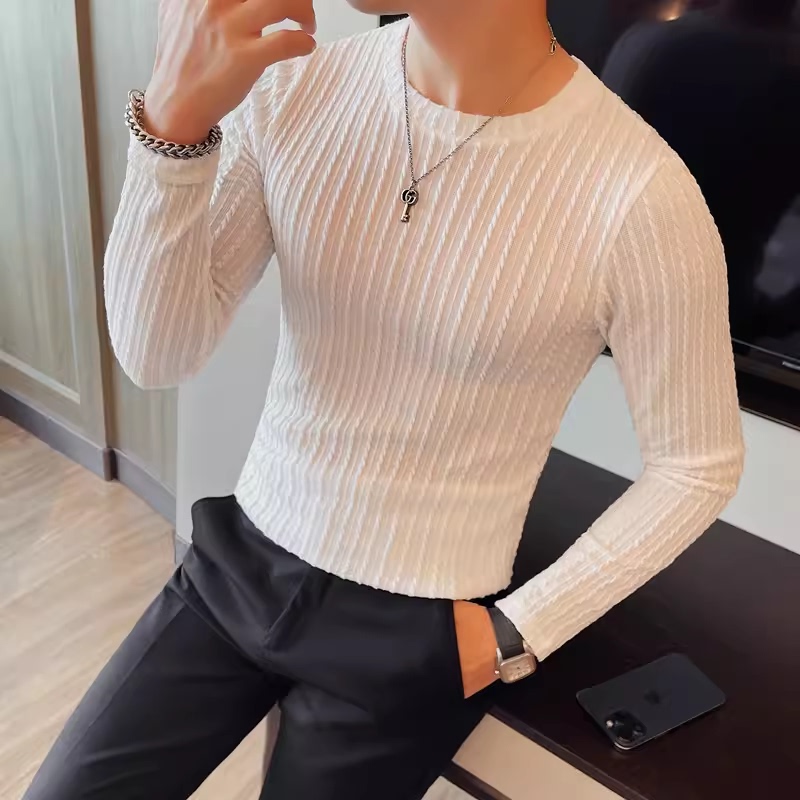Round neck long sleeve T-shirt men's autumn and winter new solid color bottoming shirt pullover T-shirt