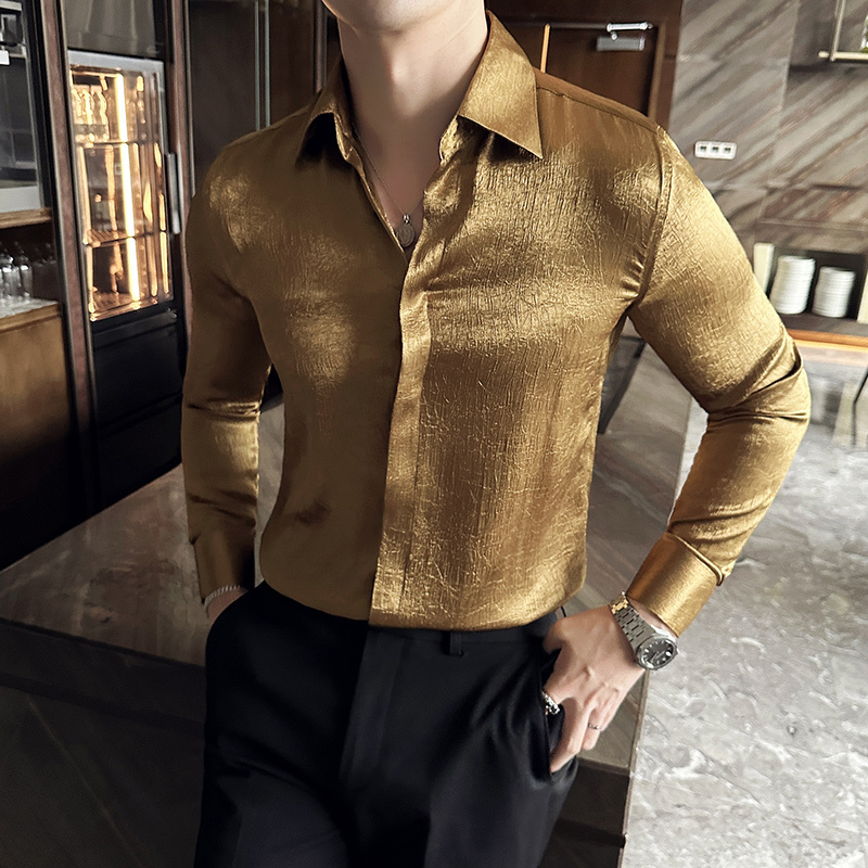 High-end glossy drapey anti-wrinkle temperament long-sleeved shirt niche design floral shirt gold