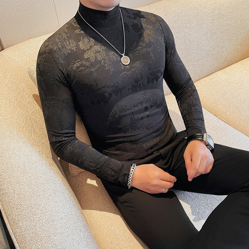 Long-sleeved T-shirt for men in autumn and winter new style landscape painting printed half turtleneck bottoming shirt