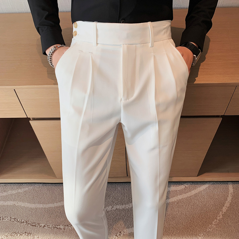 Textured twill pleat design Naples drape high waist casual trousers men's nine-point pants brown