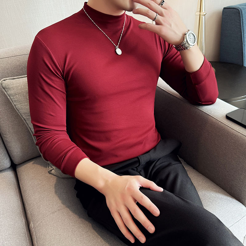 Newly added Anchor Red~half turtleneck stretch T-shirt slim long-sleeved pure cotton mid-collar bottoming shirt