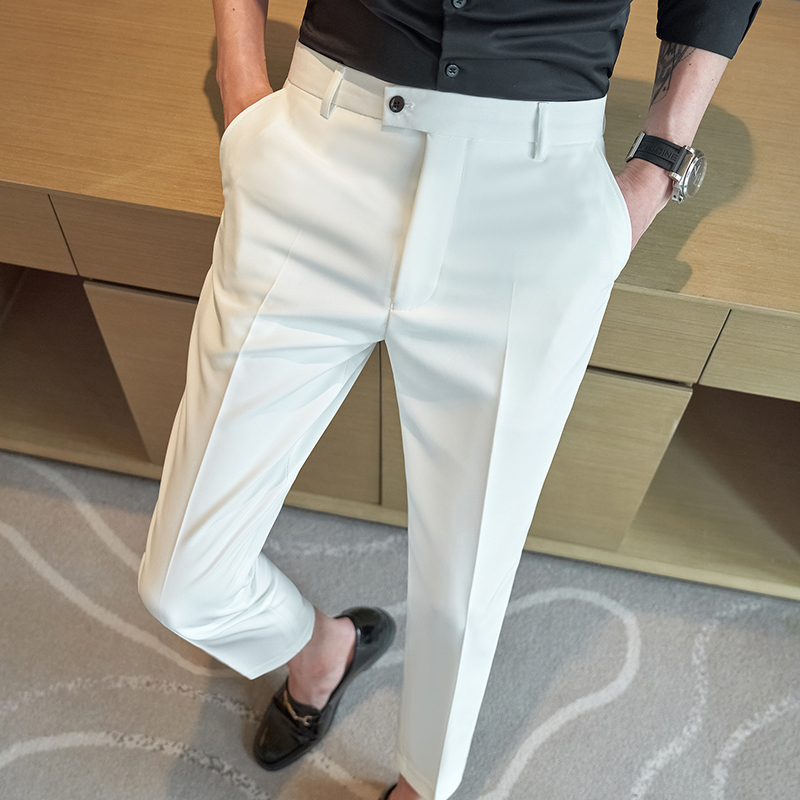 Spring and summer slim fit 9-point trousers, solid color casual pants for men, white