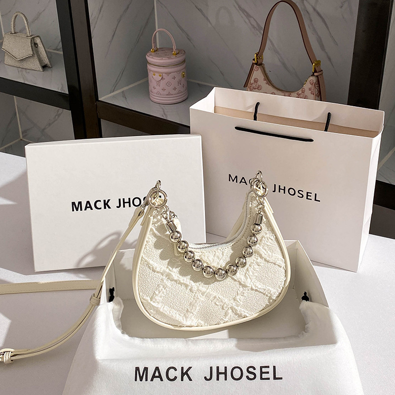 Fashion high-end pleated crescent bag shoulder crossbody pearl chain armpit bag wholesale