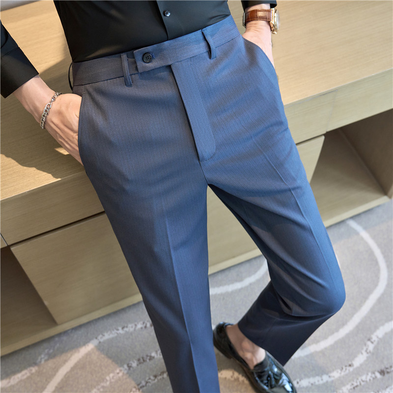 Textured pinstripe suit trousers for men, elastic slim fit small feet suit trousers blue