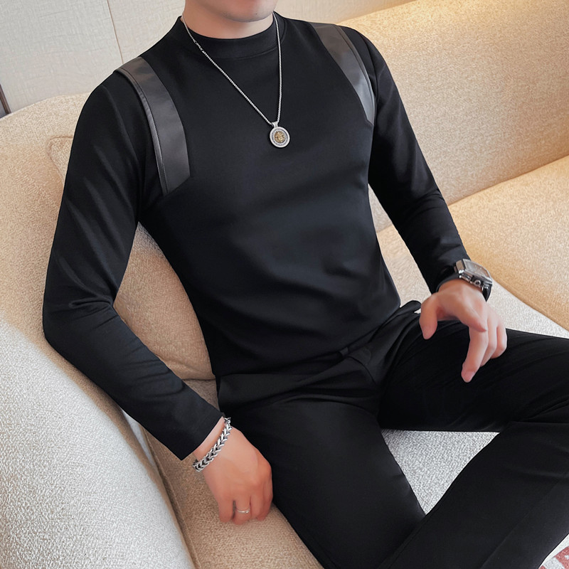 Small mid-collar long-sleeved T-shirt for men, new autumn and winter style, spliced ​​solid color slim-fit bottoming shirt