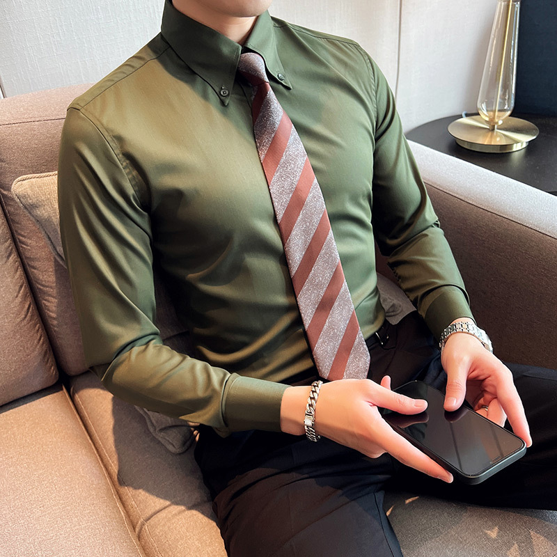 Personalized big collar shirt men's long-sleeved thin trendy handsome slim casual stand-up collar solid black shirt