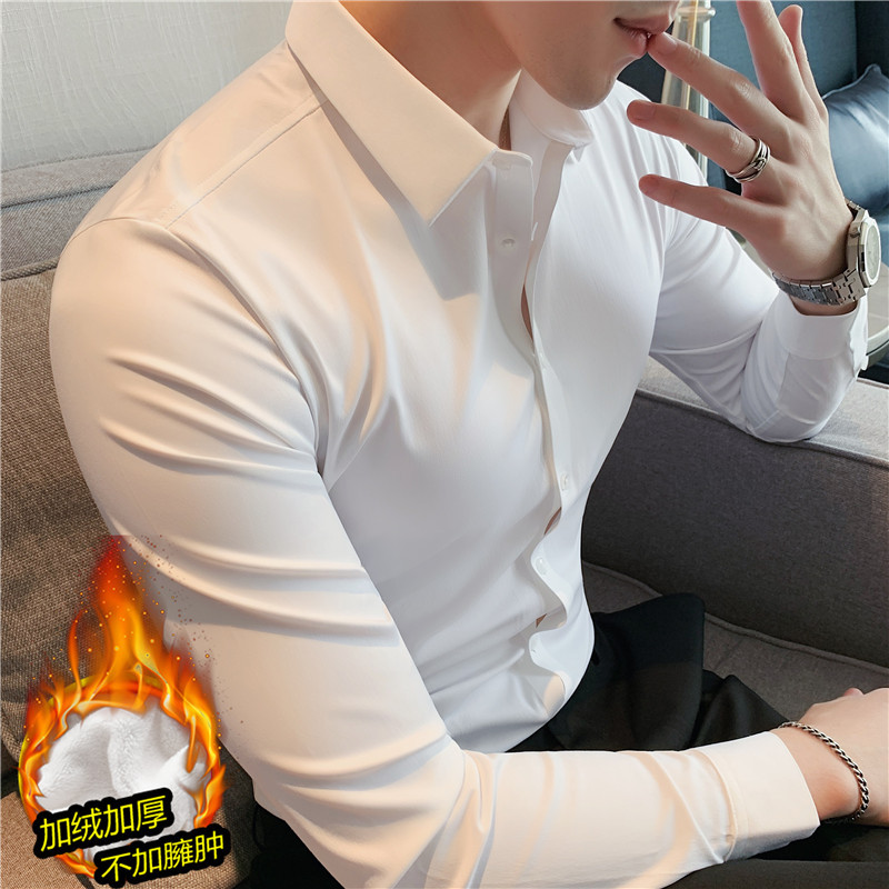 Thickened and velvet ~ high quality running volume ~ traceless taped elastic shirt men's long-sleeved shirt white JR8611-P78