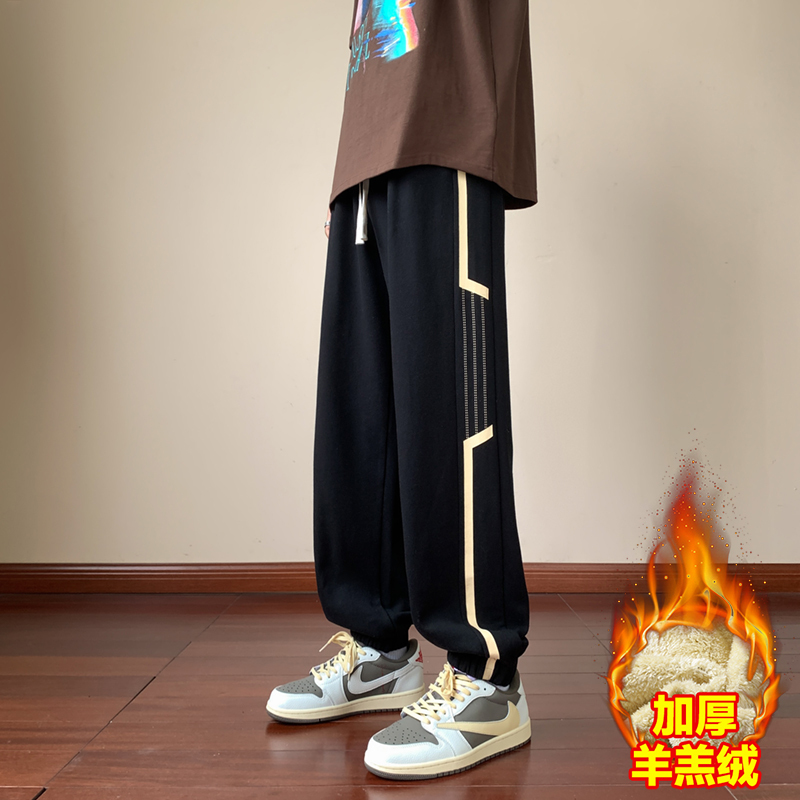 Spring and autumn trendy striped loose legged pants, versatile and comfortable sherpa casual trousers