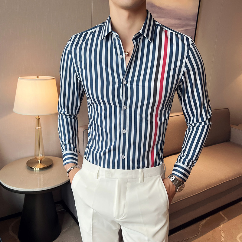 Autumn new trendy Korean style long-sleeved shirt slim and handsome striped shirt for men