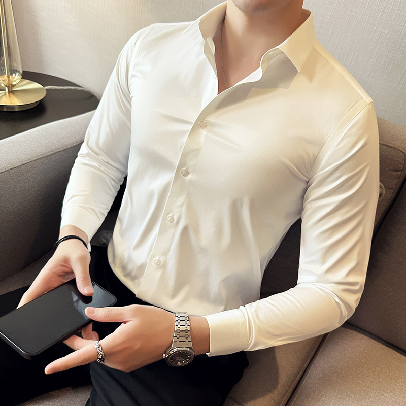 Spring and Autumn high-end men's elastic non-iron seamless shirt long-sleeved business casual shirt for young and middle-aged people