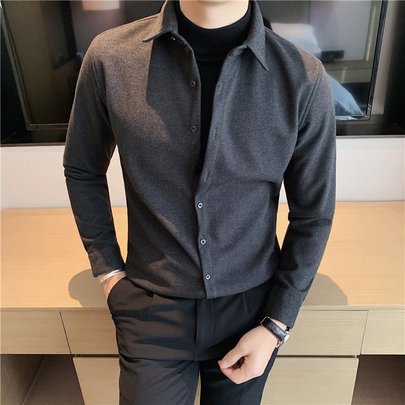 Autumn personalized thick woolen shirt solid color casual fake two-piece shirt sweater dark gray