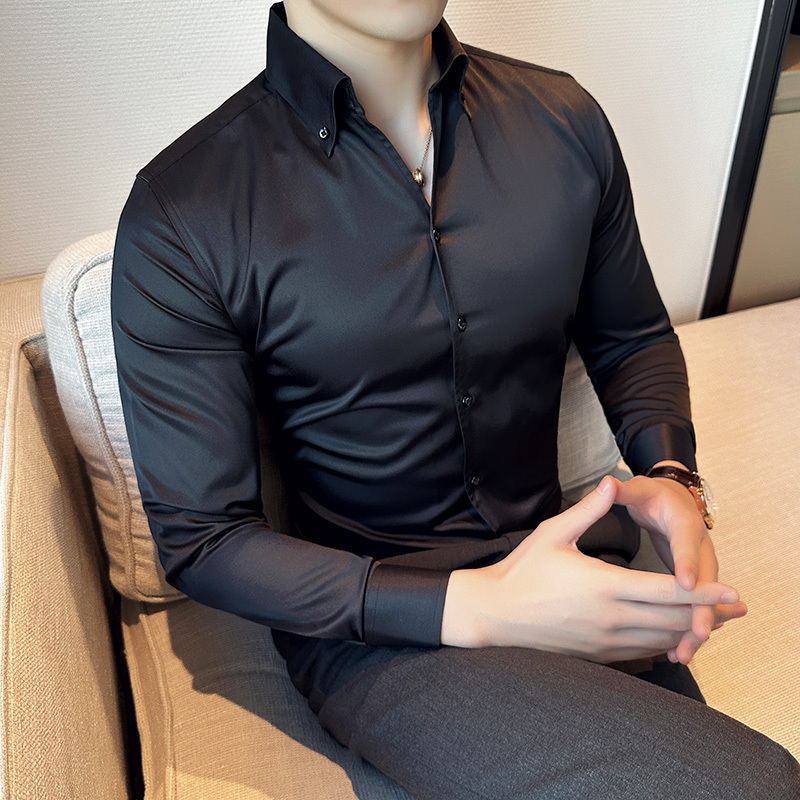 Korean style slim long-sleeved shirt, fashionable and personalized no-iron V-neck shirt black